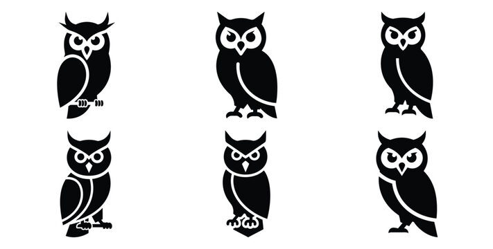 Set of halloween dark owl silhouettes black icon Vector illustration and isolated on white background.
