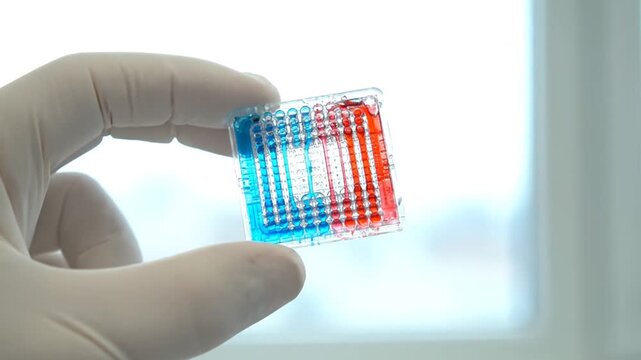 A researcher in gloves holds a microfluidic device, featuring parallel channels separating red and blue liquids. The chip is rotated briefly, highlighting lab-on-a-chip technology.