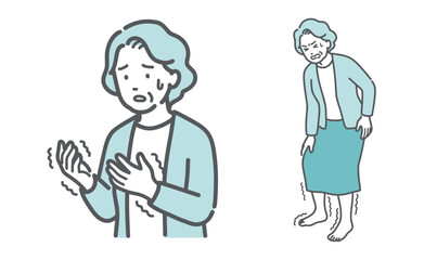 手足の痺れ・震えに悩む高齢女性のイラストセット（脳梗塞・リウマチ・糖尿病）