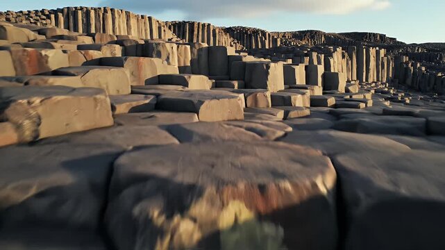 A natural landscape featuring polygonal rock formations, bathed in warm sunlight