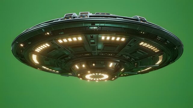 Futuristic unidentified aerial object hovering on chroma key green screen backdrop