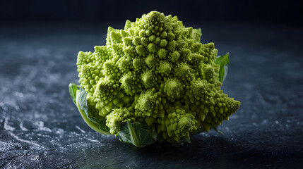 Romanesco cauliflower head on dark slate surface with dramatic lighting conveying natural texture and fresh green color