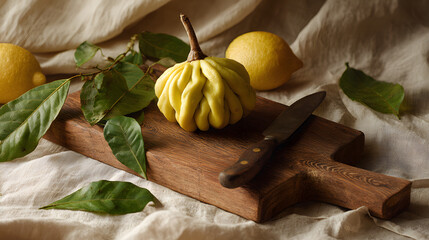 Buddha hand citron and lemons on wooden cutting board with leaves and knife in warm still life composition evoking rustic calm