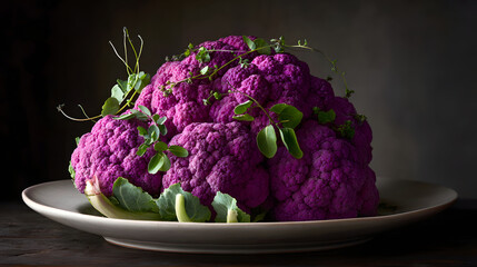 Purple cauliflower head on ceramic plate with green herb sprigs and leaves in moody still life lighting, earthy rustic vegetable composition