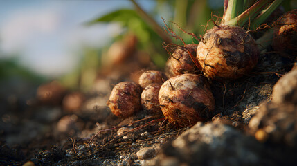 Sunchoke tuber harvest on soil with roots and green stems, warm sunlight and earthy texture creating rustic farm atmosphere