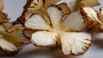 Sunchoke root sliced to reveal pale creamy interior and thin brown skin, close up texture and organic vegetable detail
