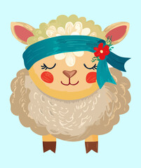 Fototapeta premium Sleeping sheep character with a blue headband and red flower in a soft blue sky with clouds