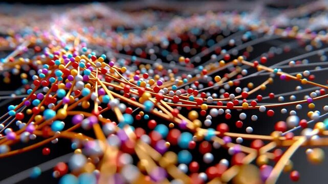 Abstract Data Stream: A vibrant visualization of a data stream, comprised of colorful interconnected particles flowing through space.