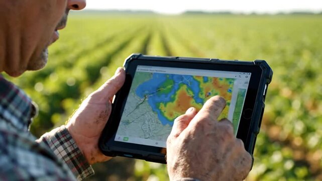 A farmer uses a rugged tablet to analyze weather and crop mapping data in a vast, green agricultural field, demonstrating the use of precision farming technology for smart decision-making.