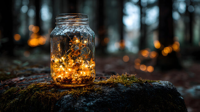 A glass jar filled with glowing fairy lights sits on a mossy rock in a dark forest