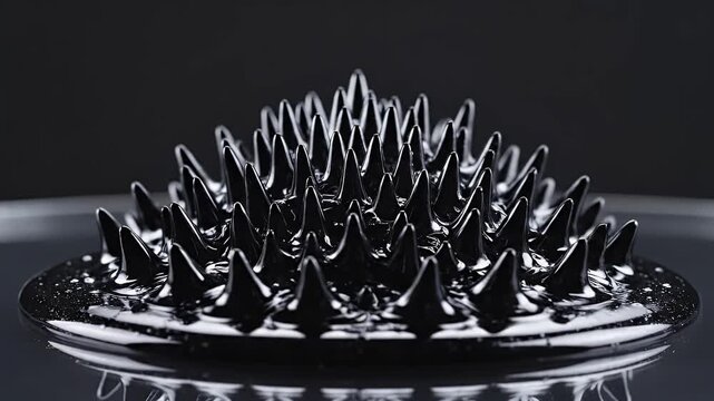 Glossy black liquid spikes erupt from a circular base, reflecting in a smooth surface