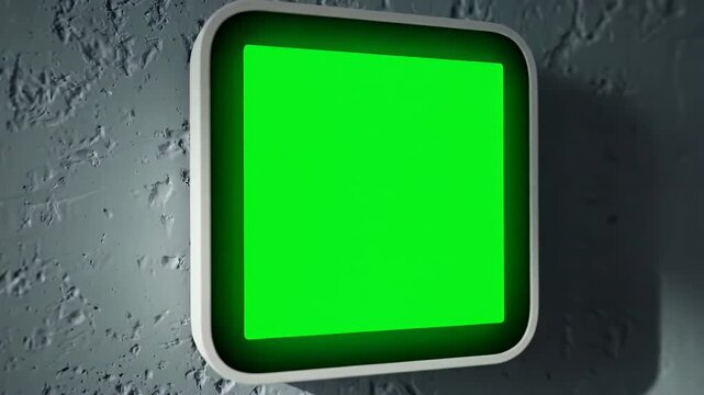 A sleek, rounded screen with a green chroma key sits on a textured, grey wall, lit