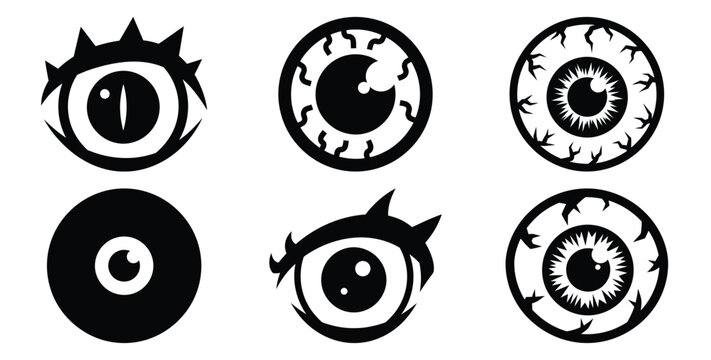 Set of halloween monster eyeball silhouettes black icon Vector illustration and isolated on white background.