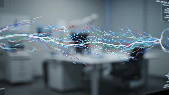 Dynamic visualization of a luminous, multi-colored energy stream, resembling neural or electrical impulses, moving between two points against the backdrop of a defocused laboratory or office setting.