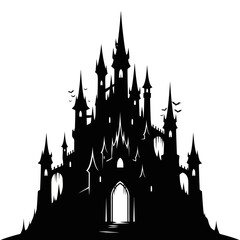 Fototapeta premium Gothic Castle Silhouette - Spooky Fortress with Towers and Bats on White Background