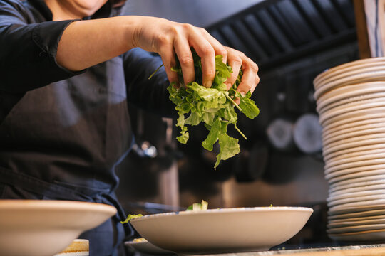 Chef hands preparing fresh green salad in kitchen