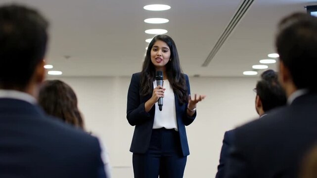 A young professional woman confidently delivers a speech using a mic to an attentive audience in a bright conference room over eight seconds, showing varied engagement and gestures.