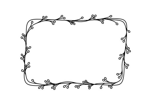 Black floral border frame with leaves and twigs on transparent background
