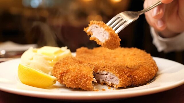 A crispy breaded cutlet is pierced with a fork next to mashed potatoes and lemon