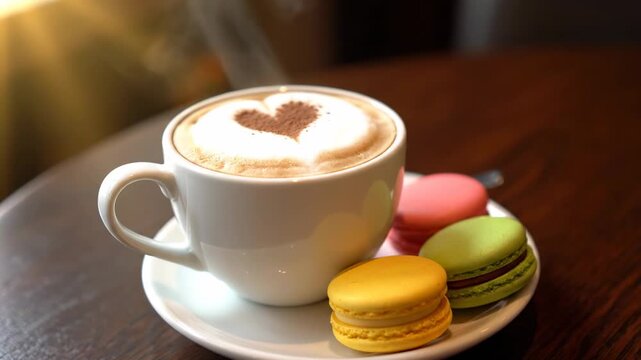A cup of warm beverage with a heart-shaped design is placed on a white saucer with colorful pastry items on a dark wooden surface.  Sunlight is illuminating the scene