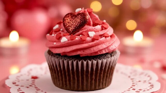 A cupcake with pink frosting, decorated with hearts, sits on a paper doily with candle bokeh