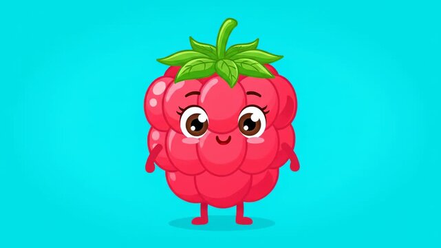 A cute, cartoon-style raspberry character with arms, legs, big eyes, and leaves, on a blue background