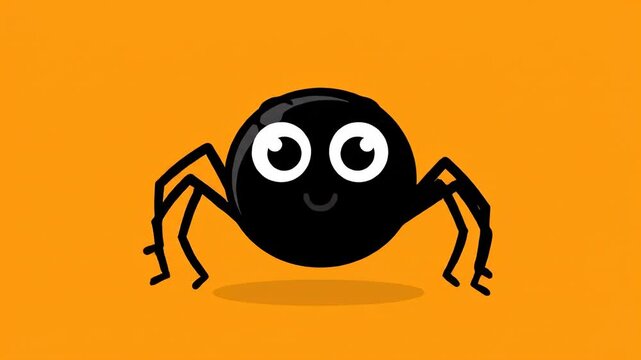 A cute, cartoon-style spider with big white eyes and a small smile, set against an orange background