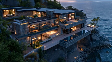 Obraz premium Luxury Modern Cliffside House with Ocean View at Dusk for Real Estate Marketing
