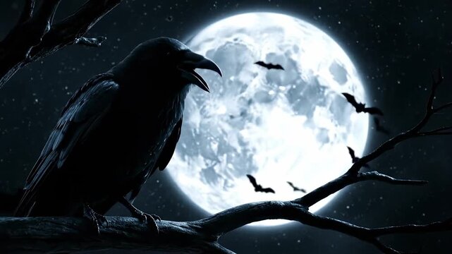 A dark night scene featuring a raven perched on a branch in front of a full moon with bats