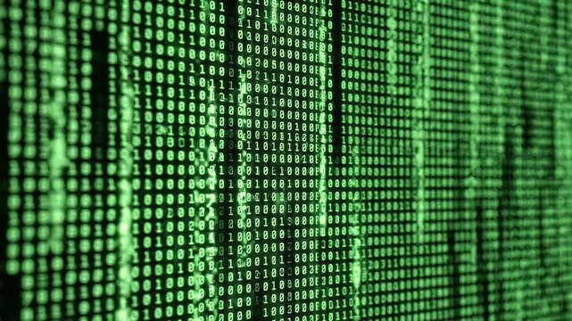 Green-hued digital data stream with binary code in sharp focus, receding into soft blur