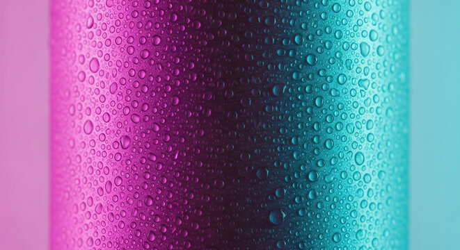 Colorful gradient surface with condensation droplets &mdash; vibrant magenta to cyan, glossy texture, fresh and modern abstract background.