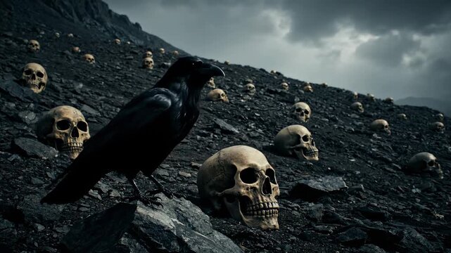 A dark scene depicts a raven perched on jagged rocks, overseeing a hillside littered with human skulls under a cloudy, overcast sky