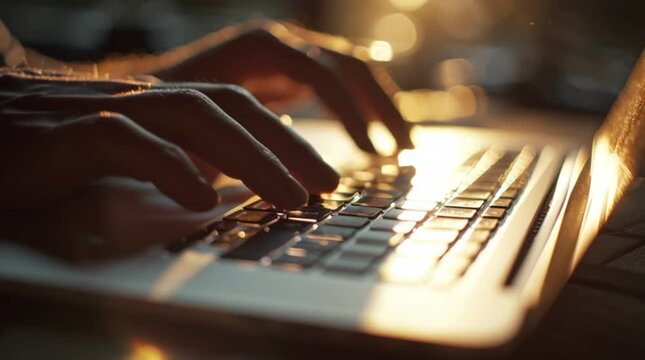 Close-up of hands typing on laptop keyboard in warm lighting
