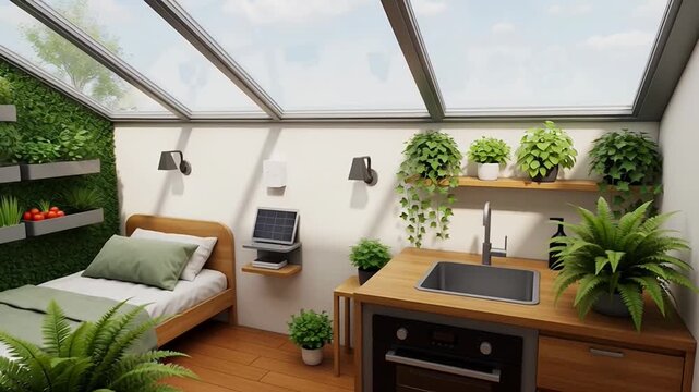 Modern eco-friendly tiny house interior with plants solar panel integration