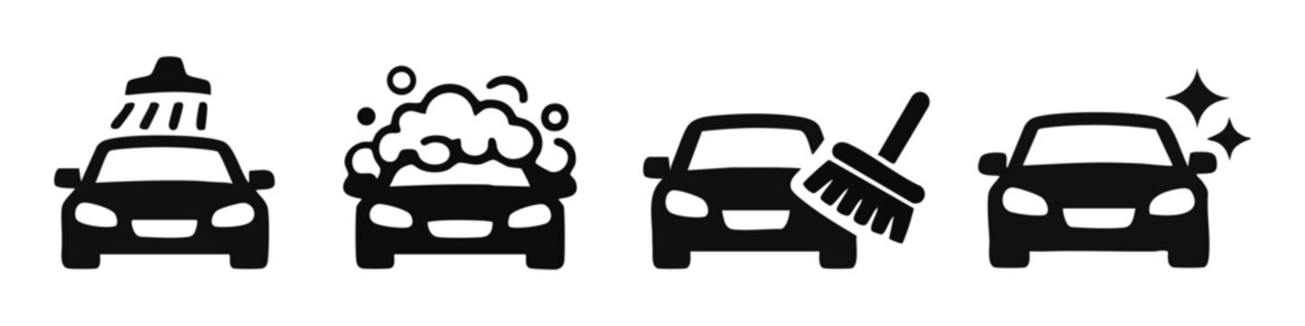 Vector icon set illustrating the car wash process: rinsing, soaping, scrubbing, and polishing. Minimalist flat design for auto cleaning services.