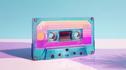 Obraz premium Retro neon iridescent audio cassette. Vintage music technology from the 80s and 90s, for fun old school vibes and sound recording concept.