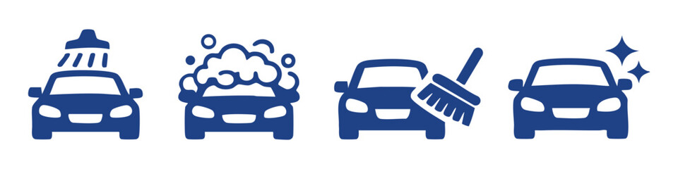 Vector icon set illustrating the car wash process: rinsing, soaping, scrubbing, and polishing. Minimalist flat design for auto cleaning services. © Nort Kor