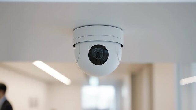 AI Surveillance Dome Camera Monitoring Corporate Workspace