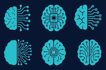 Artificial intelligence brain circuit vector icon set for neural network and digital technology concepts