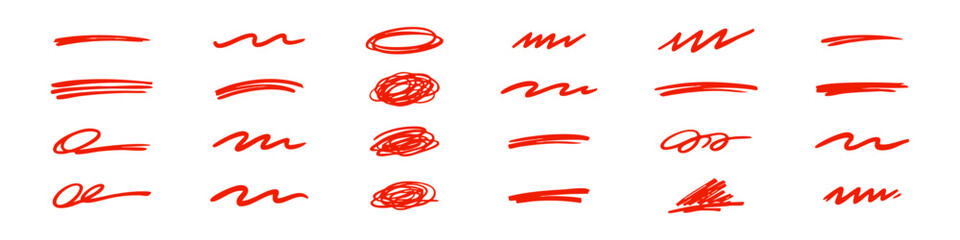 Obraz premium Set of hand-drawn vector underlines, scribbles, circles, and wavy strokes in black, blue, green, and red colors isolated on white background.