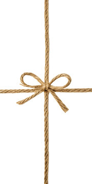 Brown jute rope tied in a bow cross shape on a, transparent background