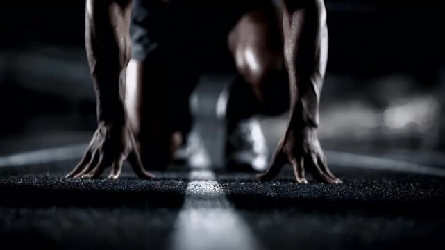 Cardio sports exercise, healthy lifestyle. A closeup of a muscular athlete in a dark gym, captured in a dramatic black and white photograph. The athletes hands are positioned on the ground.