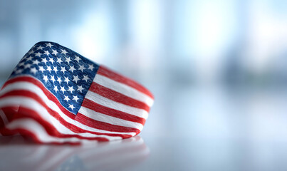 Close-up of a crumpled American flag with blurred background