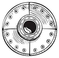 Circular shield with coffee bean graphic, black and white line art illustration