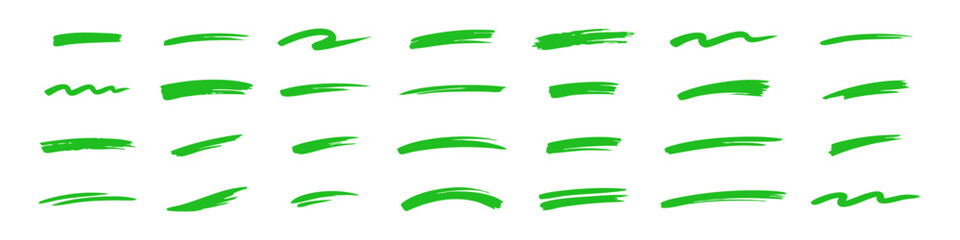 Set of colorful hand-drawn brush strokes, underlines, and paint swatches in black, red, green, and blue on a white background. Vector illustration. © Nort Kor