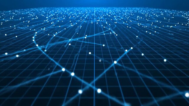 Interconnected data points form a futuristic grid network