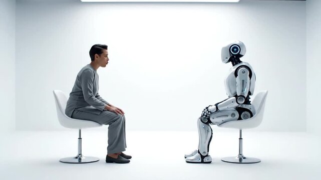 A human and a humanoid robot sit opposite each other in a sterile white room, beginning a focused interaction or interview, highlighting the future of human-AI communication.
