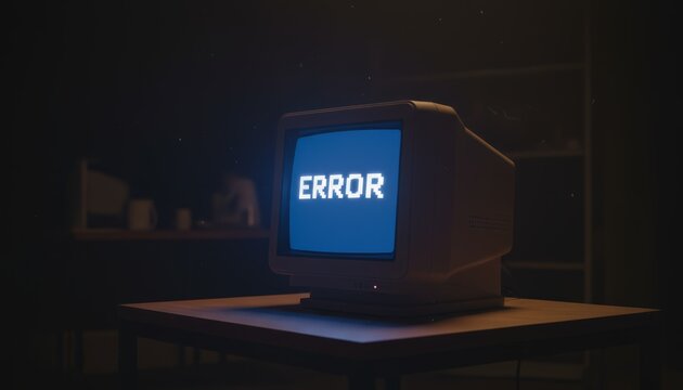 Old crt desktop monitor showing a digital error message on its blue screen, sitting on a wooden desk in a dimly lit, dark room, symbolizing technical issues and system failures