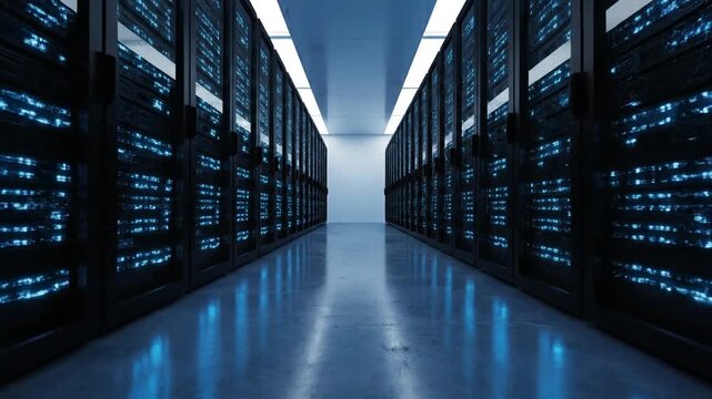 An immersive 8-second slow movement through a futuristic data center corridor. Symmetrical rows of black server racks glow intensely with pulsing blue indicator lights, conveying powerful digital tec