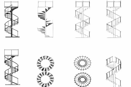 Architectural drawings of spiral staircases in varying designs and perspectives
